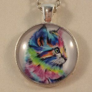 Silver Plate Rainbow Cat Kitty Cabochon Pendant Chain Necklace Gorgeous Gift